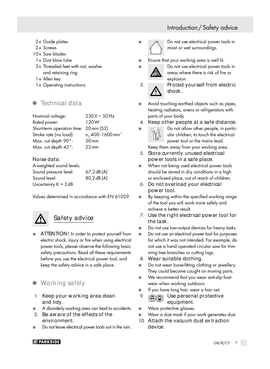 Parkside PDKS 120 manual Introduction / Safety advice, Technical data, Working safely 